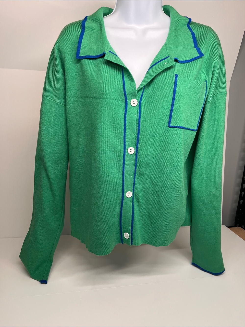 French Mauve Green Knit Top with Blue Trim Accent